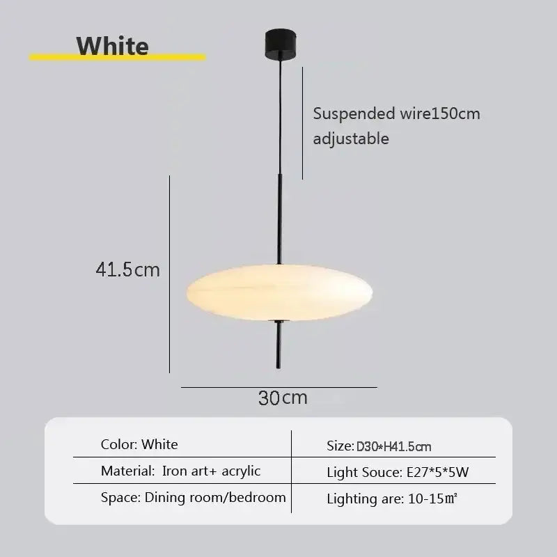 Minimalist black and white acrylic pendant light with white oval design and adjustable 150cm suspended wire for dining room