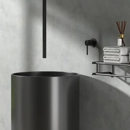 Black matte-finished cylindrical vessel sink paired with minimalist black and white ceiling faucet bathroom mixer