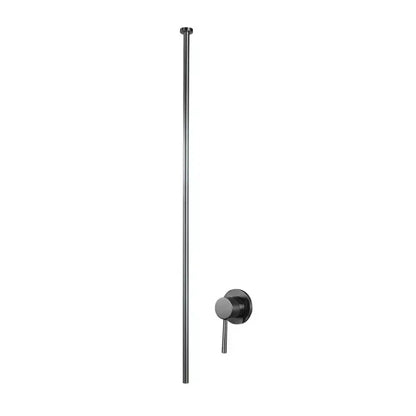Black matte-finished shower rod with matching wall-mounted control valve in minimalist black and white ceiling faucet bathroom mixer