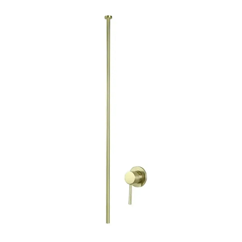 A minimalist black and white ceiling faucet bathroom mixer with a sleek slender brass shower rod and matching control valve