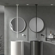Minimalist black and white ceiling faucet bathroom mixer with circular mirrors and modern cylindrical sinks