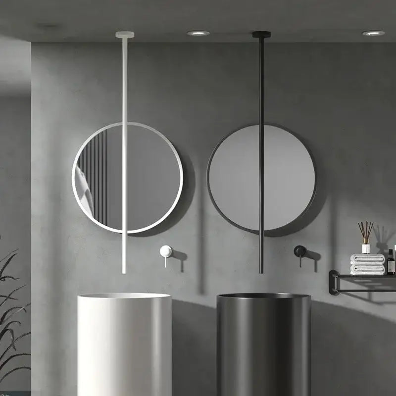 Minimalist black and white ceiling faucet bathroom mixer with circular mirrors and modern cylindrical sinks