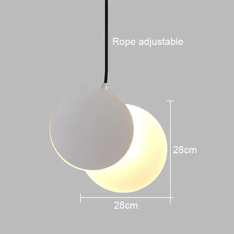 Minimalist black and white crescent moon pendant chandelier with two overlapping spherical shades by decorbites crescent moon