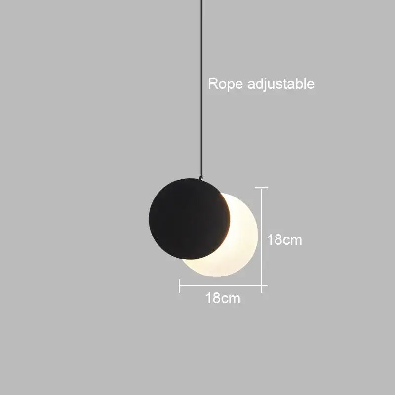 Minimalist black and white crescent moon pendant chandelier with spherical light and adjustable rope for bedroom decorbites crescent moon