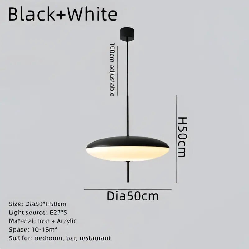 Minimalist black and white designer pendant light with sleek disc design made of iron and acrylic for dining room decor