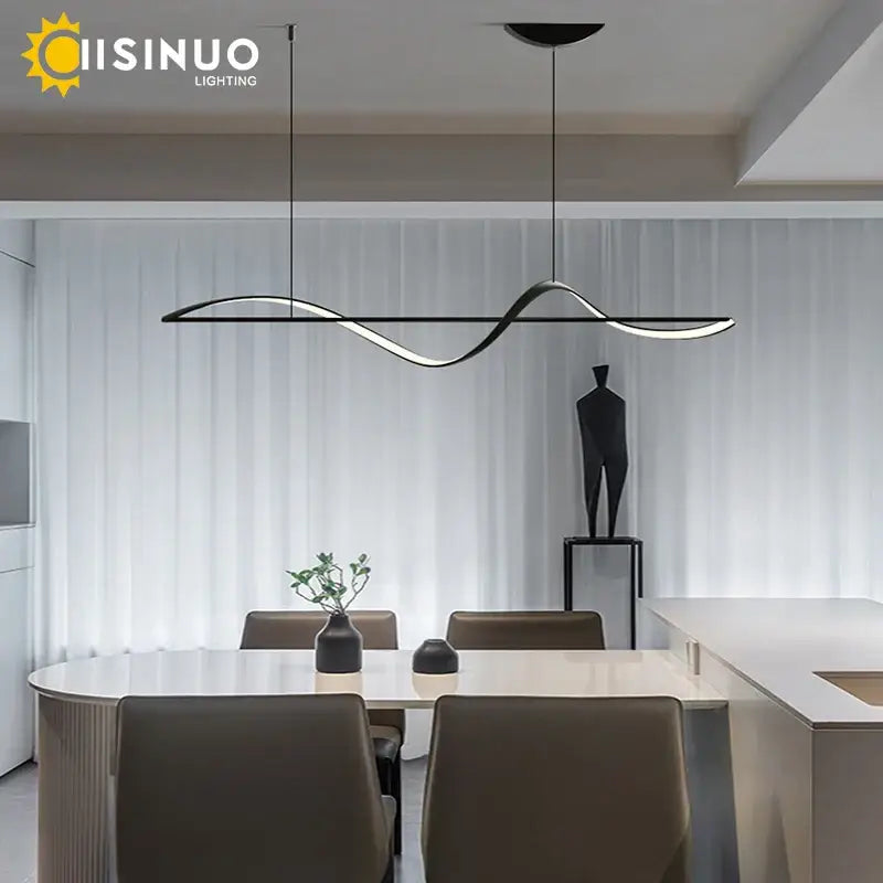 Minimalist black and white dimmable led linear chandelier with a sleek wave design for dining room decorbites dimmable led