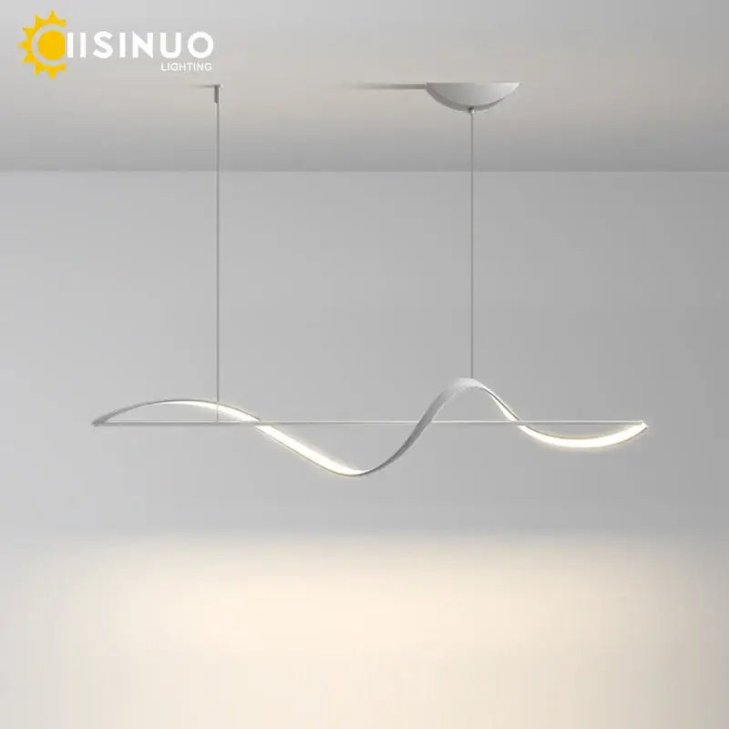 Modern silver dimmable led linear chandelier with a sleek wave design for minimalist black and white dining room decorbites use
