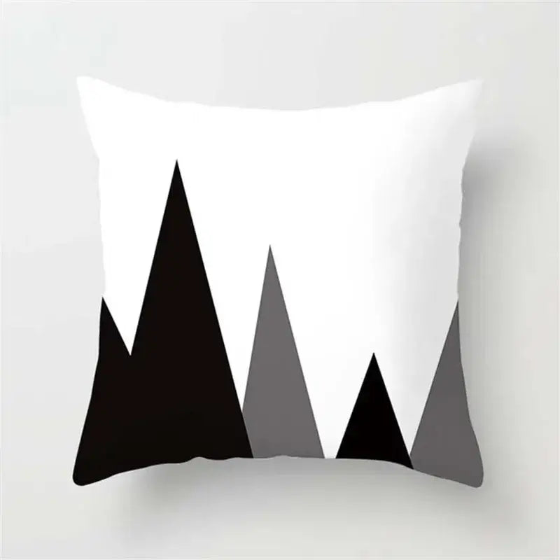 White throw pillow with minimalist black and gray mountain design in decorbites black white flocking pillowcase cover