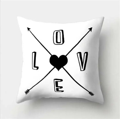 White flocking pillowcase with black love lettering heart and arrows design for decorbites black white living room decor