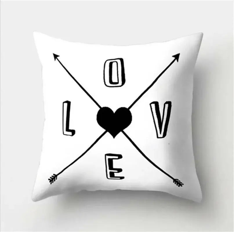 White flocking pillowcase with black love lettering heart and arrows design for decorbites black white living room decor
