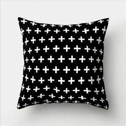 Black throw pillow with white plus sign pattern featuring black white flocking for minimalist decorbites black white decor