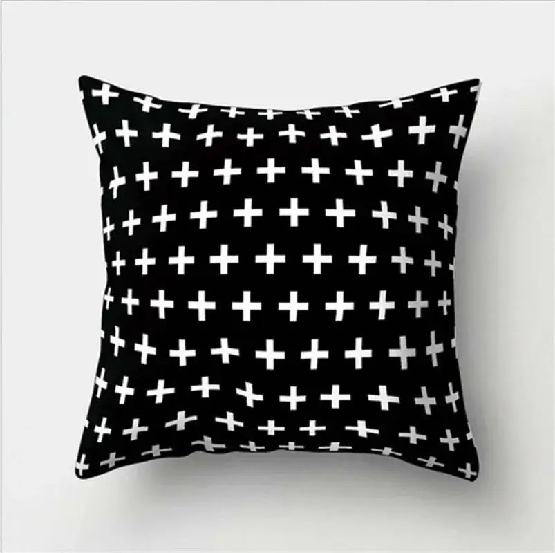 Black throw pillow with white plus sign pattern featuring black white flocking for minimalist decorbites black white decor