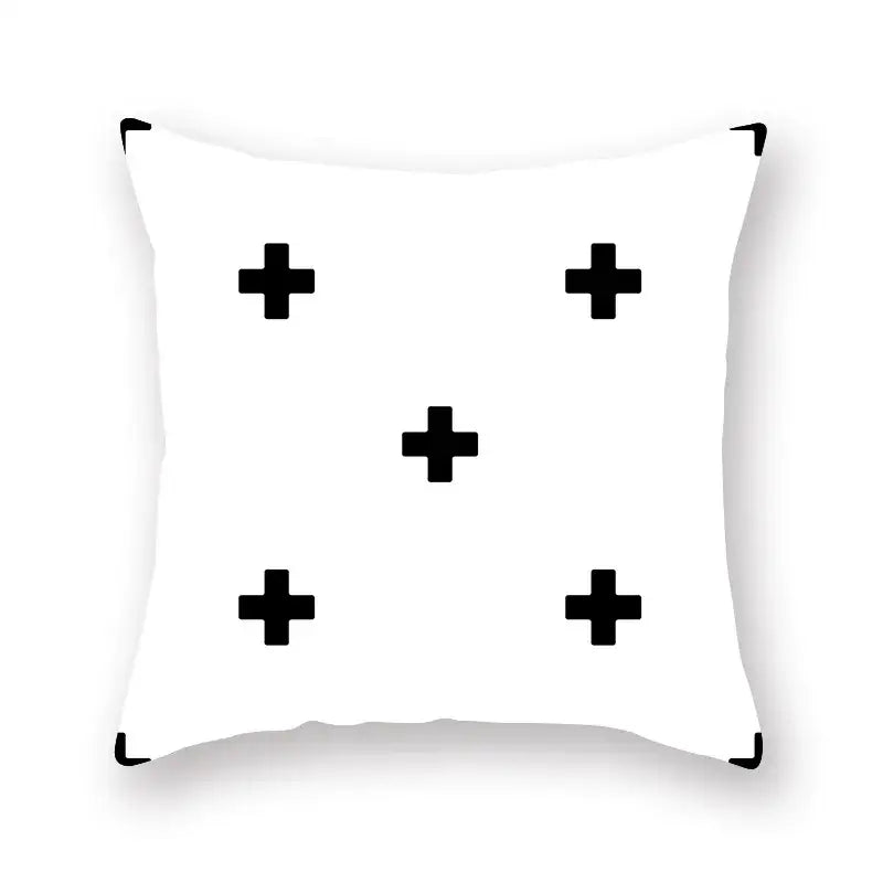 Minimalist white throw pillow with five bold black plus signs geometric cushion cover for decorbites black geometric decor