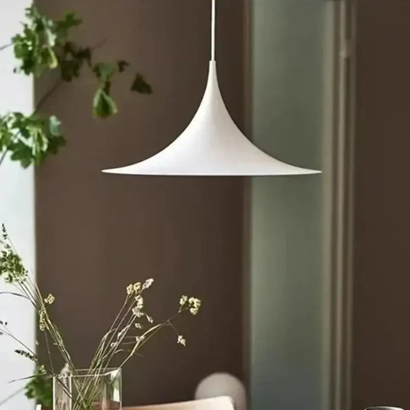 White conical minimalist pendant light with smooth design for dining room cord pendant installation color options available