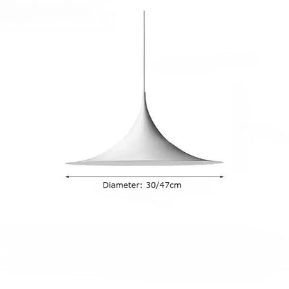 A sleek white conical pendant light with smooth curved surface for minimalist black and white cord pendant installation