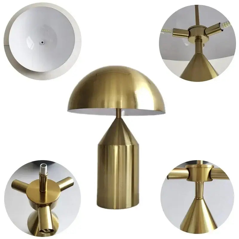 Gold-finished decorbites iron mushroom table lamp with white interior shade for minimalist bedroom lighting decor