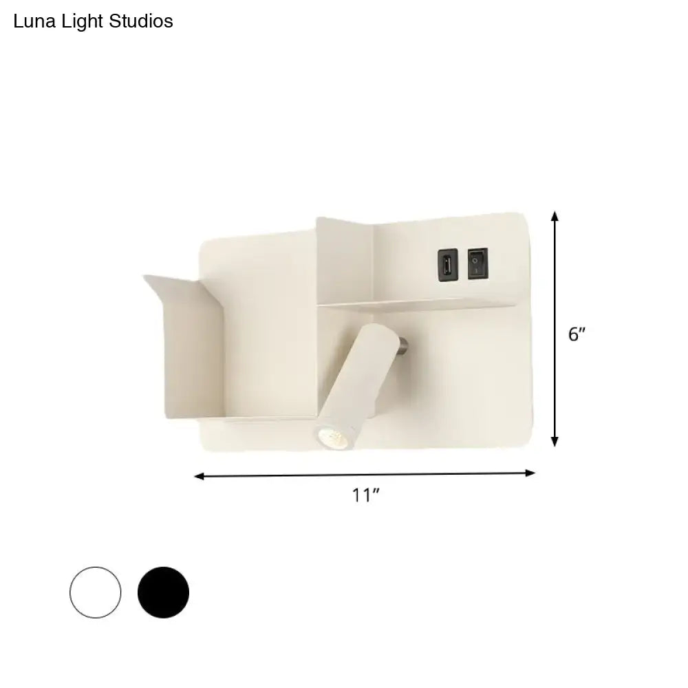 Minimalist cream-colored metal tubular wall light with bulb base and integrated usb ports for bedroom reading