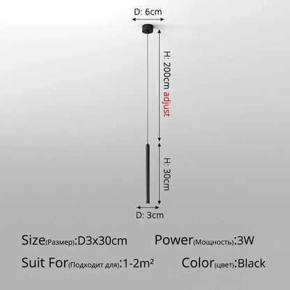 Minimalist black modern pendant light with sleek cylindrical design and adjustable height for dining room use