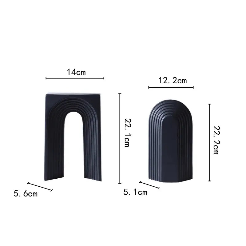 Two matte black ceramic semicircular arch bookends with vertical ridges for minimalist living room decorbites geometric ceramic decor figurines