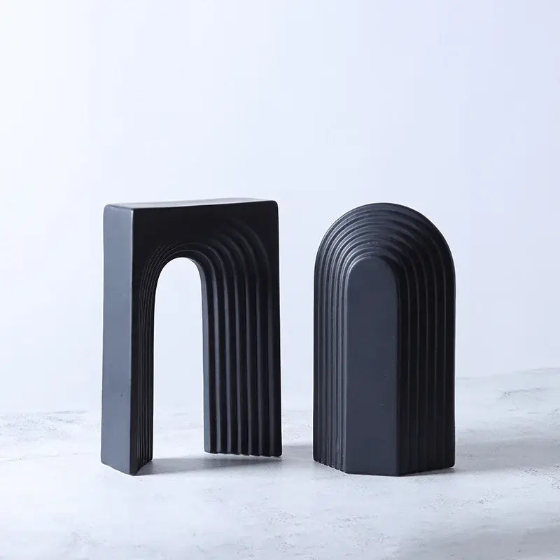 Black ceramic minimalist semicircular arch bookends with ribbed design for living room decorbites geometric ceramic decor figurines