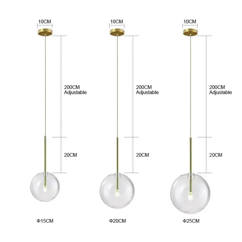 Minimalist clear glass ball pendant light with brass hardware and adjustable chains for dining room decorbites pendant light