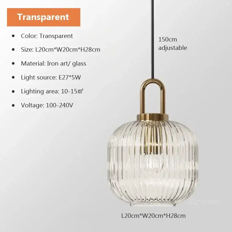 Minimalist pendant light with clear ribbed glass and brass-finished fixture for dining room cord pendant installation