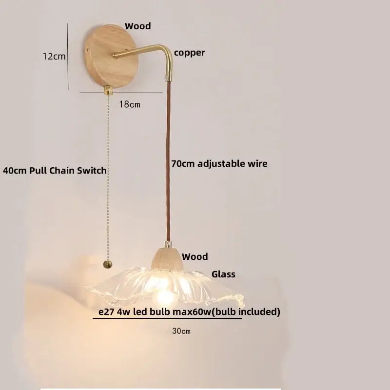 Minimalist wall light with natural wood base, copper accents, and clear glass lampshade for decorbites clear glass style