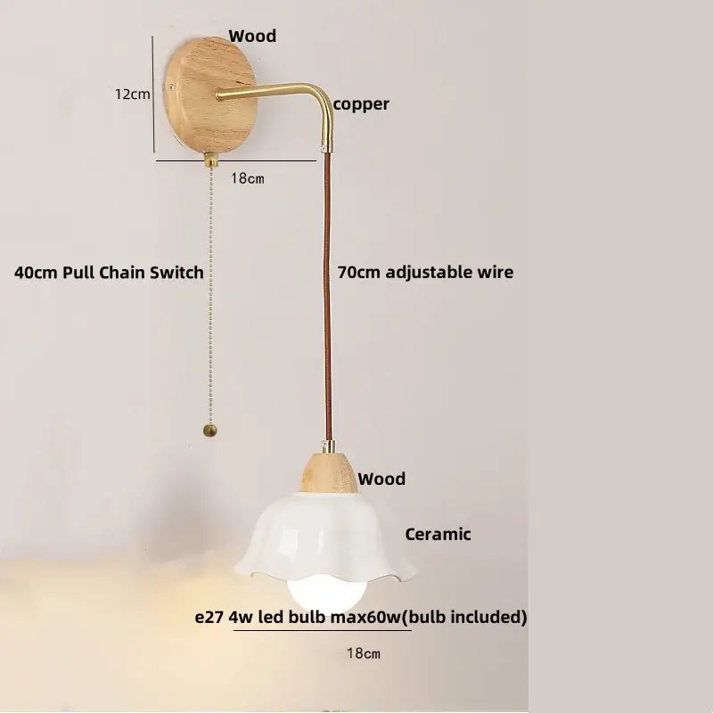Minimalist wall light with natural wood base copper arm white ceramic shade for decorbites clear glass bedroom lighting