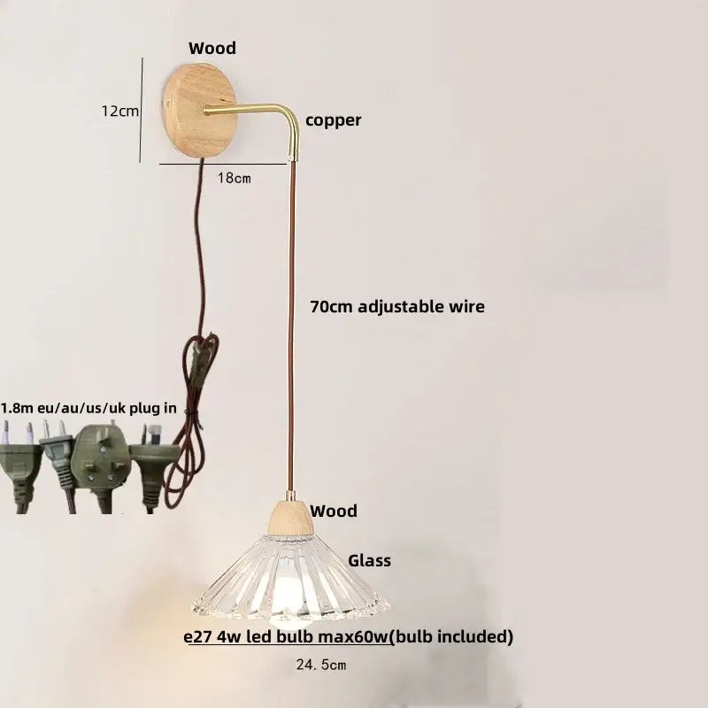 Minimalist wall light with natural wood base, copper arm, clear glass frilled shade, 4w led bulb by decorbites clear glass