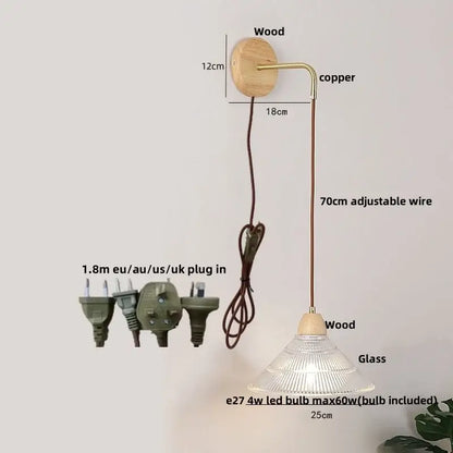 Minimalist wall light with natural wood base, copper arm, and decorbites clear glass ribbed shade for bedroom use