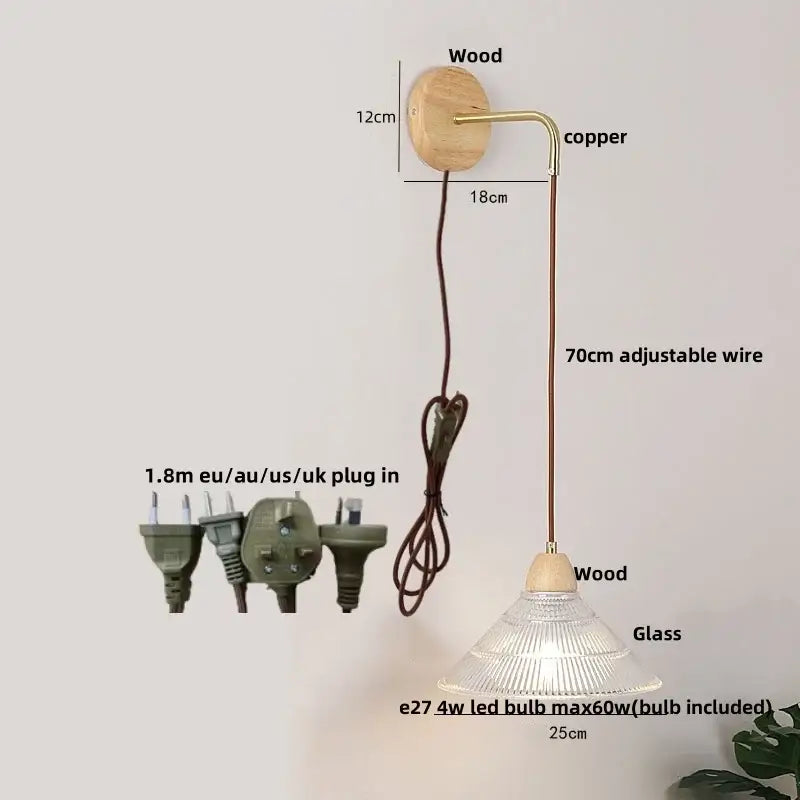 Minimalist wall light with natural wood base, copper arm, and decorbites clear glass ribbed shade for bedroom use