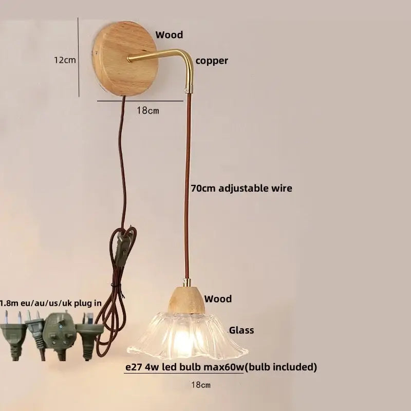 Minimalist brass and clear glass wall light with a round wooden base and adjustable 70cm cord by decorbites clear glass