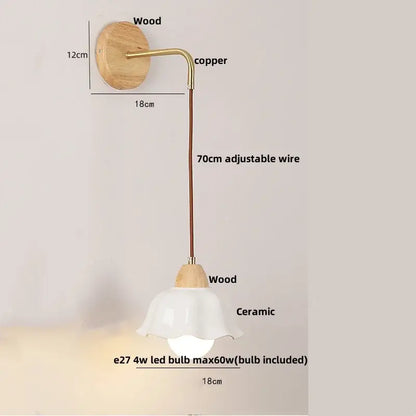 Minimalist wall light with natural wood base, copper arm, and white ceramic shade for decorbites clear glass collection