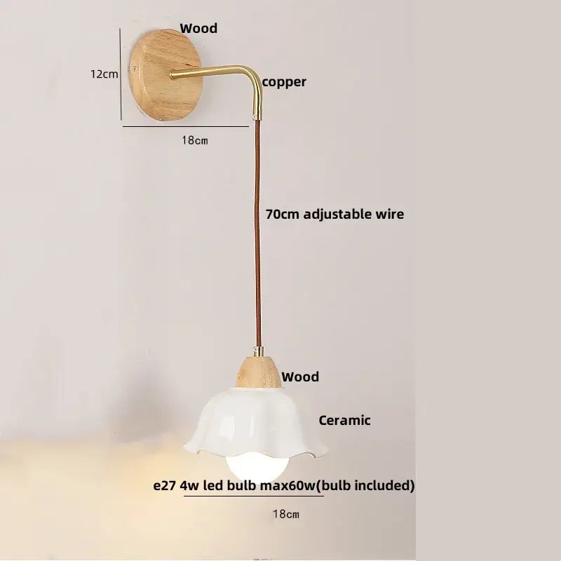 Minimalist wall light with natural wood base, copper arm, and white ceramic shade for decorbites clear glass collection