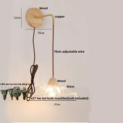 Minimalist brass and clear glass wall light with rustic wooden and copper mount for bedroom decorbites clear glass style