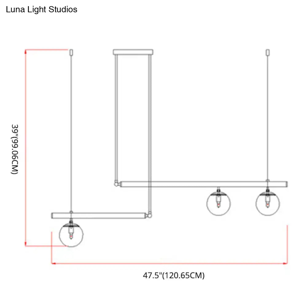Modern minimalist ceiling light with three white globe glass shades and brass frame for kitchen island illumination