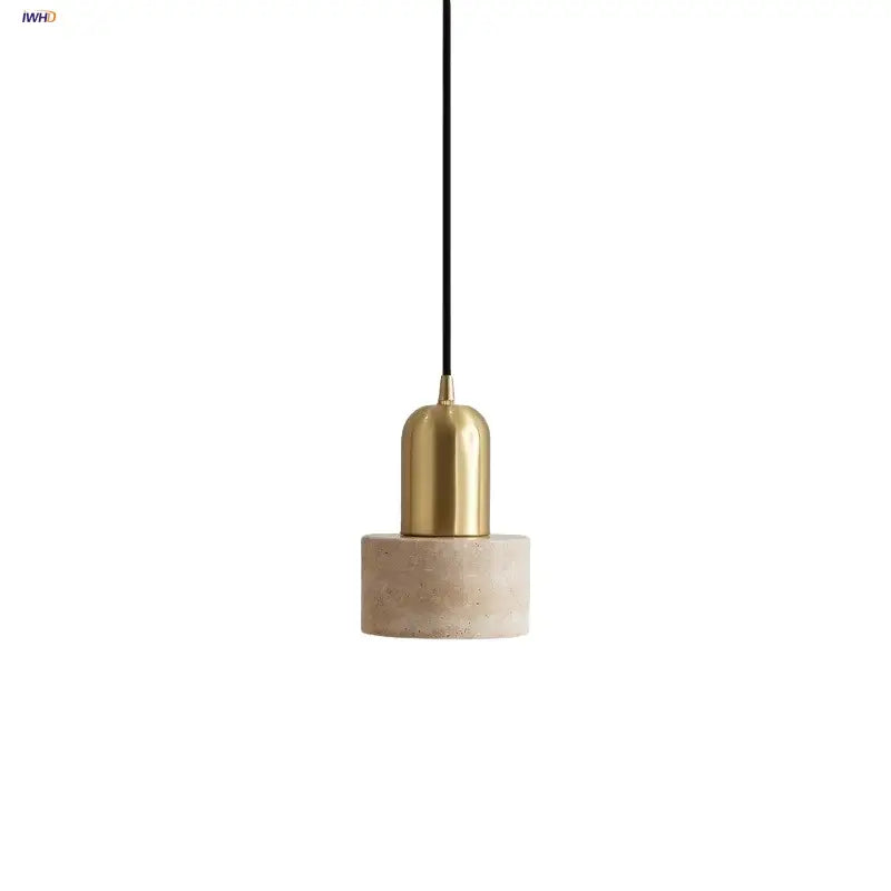 Minimalist pendant light with polished brass top and beige concrete base suspended by black cord for dining room decorbites copper yellow