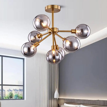 Minimalist Brass Flush Mount Chandelier with White/Smoke Gray Glass – 7/9/10 Lights