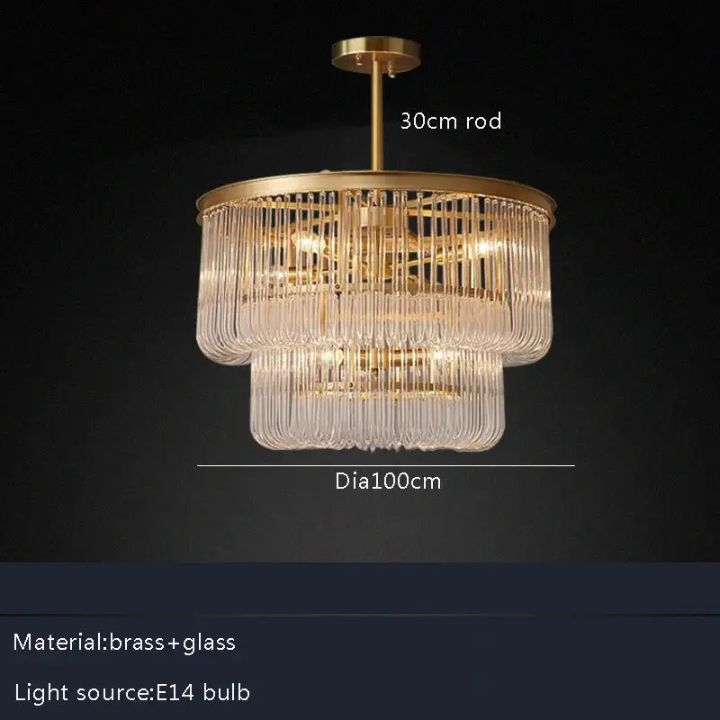 Elegant two-tiered minimalist brass glass bar chandelier with gold frame and cascading clear tubes for living room decorbites brass glass
