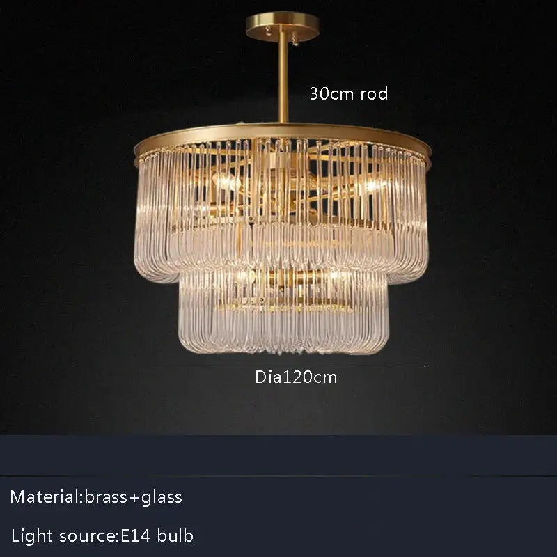 Minimalist brass glass bar chandelier with clear crystal-like rods cascading in concentric circles for living room decor