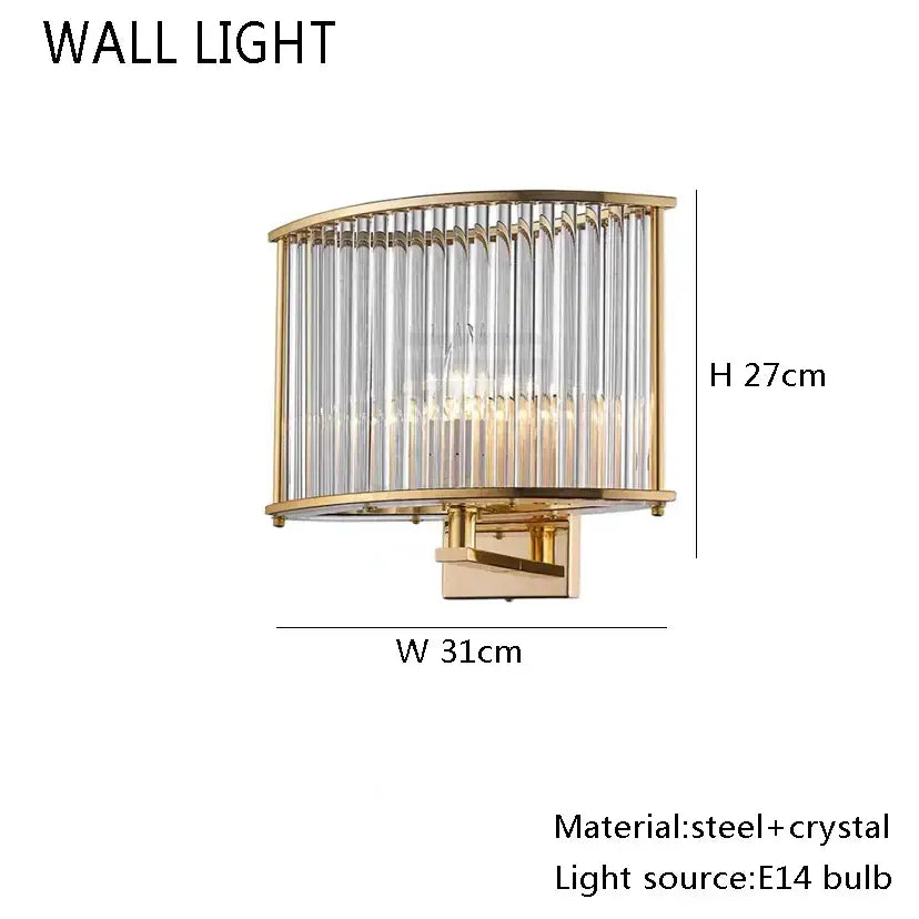 Minimalist brass glass bar chandelier with gold-toned wall light featuring vertical crystal rods in a steel frame