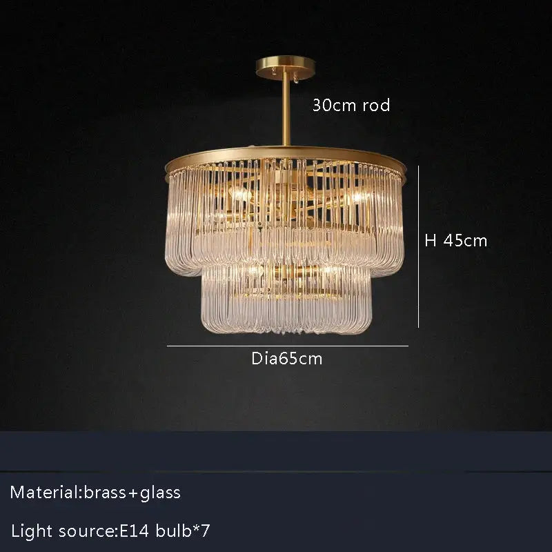 Gold-toned brass glass bar chandelier with clear glass tiers and cascading crystal-like rods for minimalist decorbites brass glass lighting