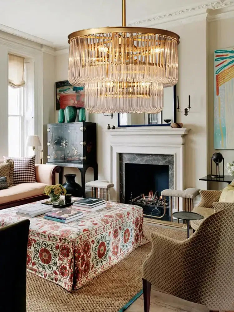 Minimalist brass glass bar chandelier with gold finish and cascading clear prisms for living room decorbites brass glass
