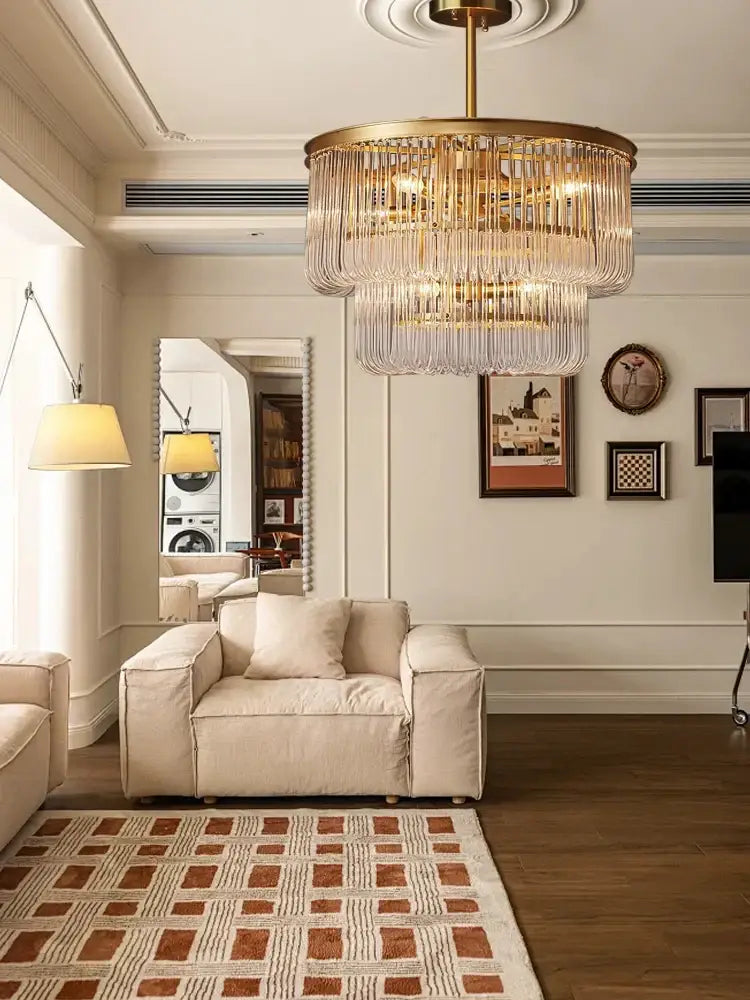 Minimalist brass glass bar chandelier with multi-tiered brass frame and cascading crystal prisms for living room decorbites brass glass