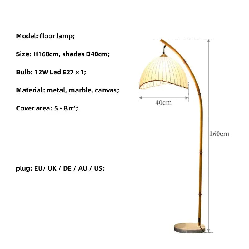 Minimalist led floor lamp with curved brass bamboo frame, pleated canvas shade, and marble base for living room lighting