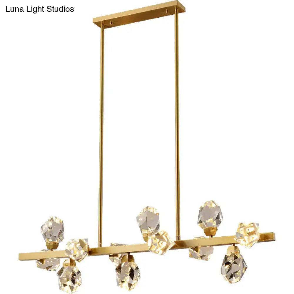 Gold-toned minimalist brass led gemstone dining room ceiling light with clear faceted crystal droplets on sleek rods