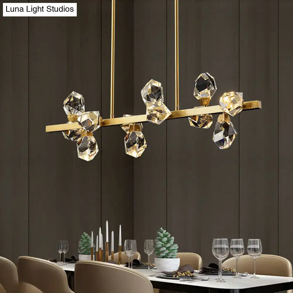 Gold-toned minimalist brass led gemstone dining room ceiling light with faceted geometric crystal glass elements suspended from rods