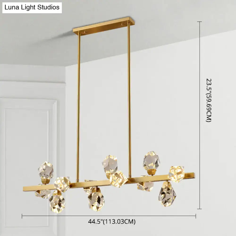 Minimalist brass led gemstone dining room ceiling light with gold-toned modern chandelier and faceted crystal droplets
