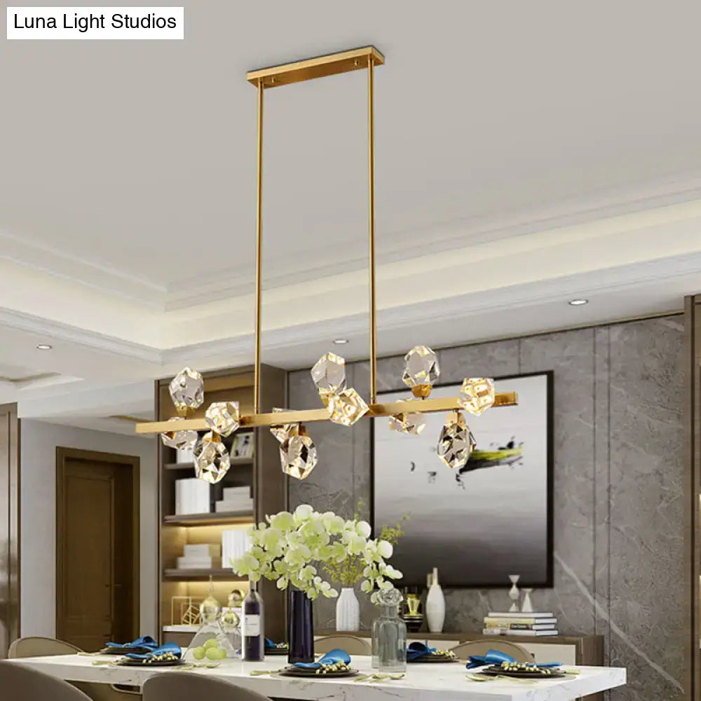 Gold-toned minimalist brass led gemstone dining room ceiling light with faceted crystal accents above a table