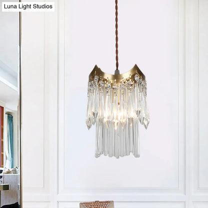 Minimalist Brass Pendulum Light with Crystal Prism and Tube Design - 2-Tier Hanging Ceiling Lamp